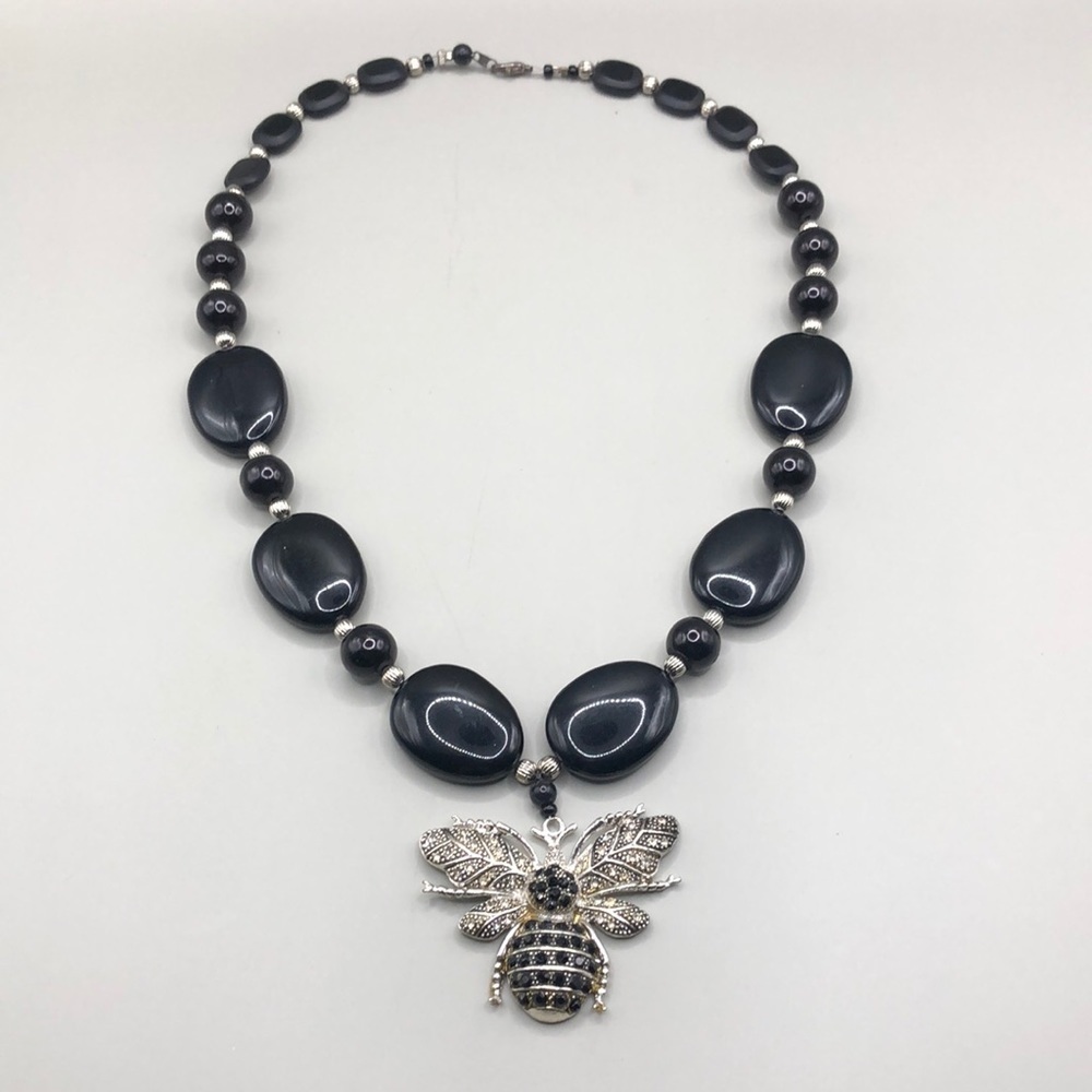 Upcycled vintage necklace bejeweled bee pendant dress up dressy statement style.